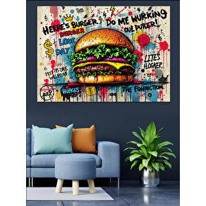 Graffiti Stilde Renkli Hamburger Dekoratif Kanvas - Mdf Ahşap Tablo