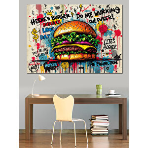 Graffiti Stilde Renkli Hamburger Dekoratif Kanvas - Mdf Ahşap Tablo