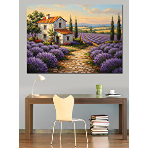 Lavanta Bahçeli Taş Ev Manzarası Dekoratif Kanvas - Mdf Ahşap Tablo 70x100 cm