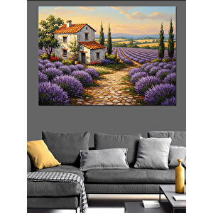 Lavanta Bahçeli Taş Ev Manzarası Dekoratif Kanvas - Mdf Ahşap Tablo 70x100 cm