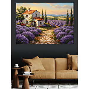 Lavanta Bahçeli Taş Ev Manzarası Dekoratif Kanvas - Mdf Ahşap Tablo 70x100 cm