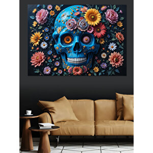 Çiçekli Renkli Kuru Kafatası Dekoratif Kanvas - Mdf Ahşap Tablo 50x70 cm