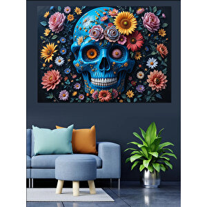 Çiçekli Renkli Kuru Kafatası Dekoratif Kanvas - Mdf Ahşap Tablo 50x70 cm