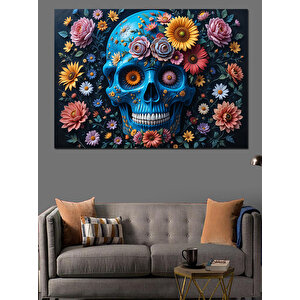 Çiçekli Renkli Kuru Kafatası Dekoratif Kanvas - Mdf Ahşap Tablo 50x70 cm