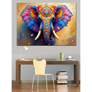 Renkli Süslenmiş Fantezi Fil Dekoratif Kanvas - Mdf Ahşap Tablo 70x100 cm