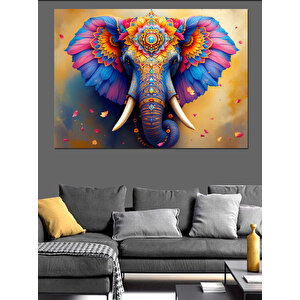 Renkli Süslenmiş Fantezi Fil Dekoratif Kanvas - Mdf Ahşap Tablo 70x100 cm