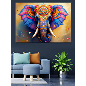 Renkli Süslenmiş Fantezi Fil Dekoratif Kanvas - Mdf Ahşap Tablo