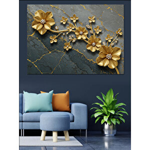 Taş Üzerinde Altın Çiçekler Dekoratif Kanvas - Mdf Ahşap Tablo