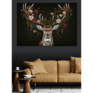 Çiçekli Geyik Portresi Dekoratif Kanvas - Mdf Ahşap Tablo 100x140 cm
