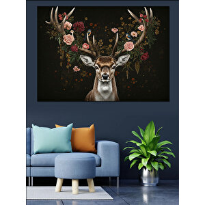 Çiçekli Geyik Portresi Dekoratif Kanvas - Mdf Ahşap Tablo 100x140 cm