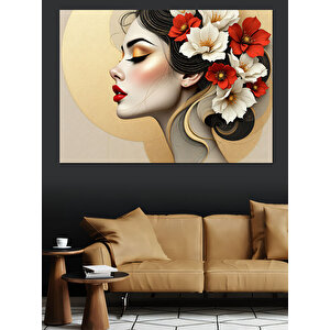 Çiçekli Kadın Portresi Dekoratif Kanvas - Mdf Ahşap Tablo 100x140 cm
