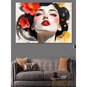 Kırmızı Rujlu Çiçekli Kadın Dekoratif Kanvas - Mdf Ahşap Tablo 50x70 cm