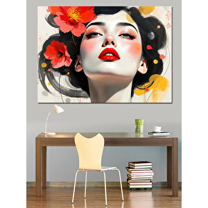 Kırmızı Rujlu Çiçekli Kadın Dekoratif Kanvas - Mdf Ahşap Tablo 50x70 cm
