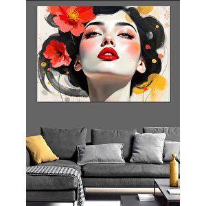 Kırmızı Rujlu Çiçekli Kadın Dekoratif Kanvas - Mdf Ahşap Tablo 50x70 cm