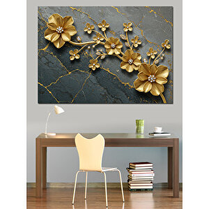 Taş Üzerinde Altın Çiçekler Dekoratif Kanvas - Mdf Ahşap Tablo 70x100 cm