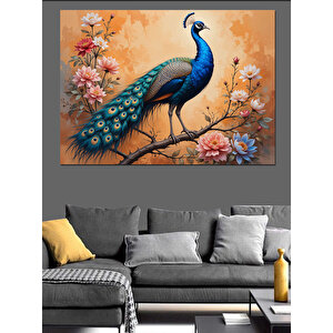 Çiçek Ağacında Mavi Tavus Kuşu Dekoratif Kanvas - Mdf Ahşap Tablo 25x35 cm