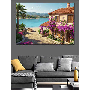 Mor Çiçekli Akdeniz Evi Dekoratif Kanvas - Mdf Ahşap Tablo