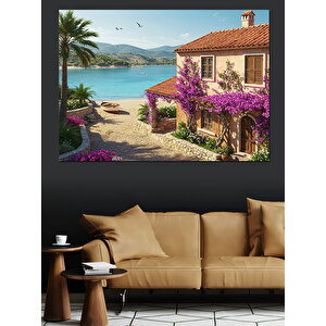 Mor Çiçekli Akdeniz Evi Dekoratif Kanvas - Mdf Ahşap Tablo