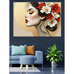Çiçekli Kadın Portresi Dekoratif Kanvas - Mdf Ahşap Tablo 35x50 cm