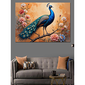 Çiçek Ağacında Mavi Tavus Kuşu Dekoratif Kanvas - Mdf Ahşap Tablo 100x140 cm