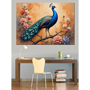 Çiçek Ağacında Mavi Tavus Kuşu Dekoratif Kanvas - Mdf Ahşap Tablo 100x140 cm