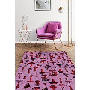 Mantar Dünyası Çok Renkli Mantarlı Mutfak Halısı Pembe Mantar Baskılı Özel Tasarım Halı 200x300 cm