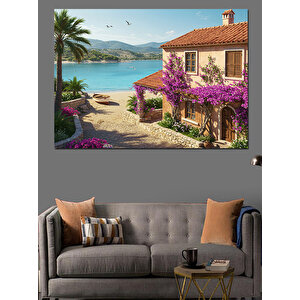 Mor Çiçekli Akdeniz Evi Dekoratif Kanvas - Mdf Ahşap Tablo 100x140 cm