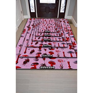Homshtag Mantar Dünyası Çok Renkli Mantarlı Mutfak Halısı Pembe Mantar Baskılı Özel Tasarım Halı