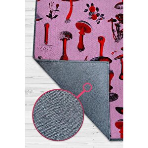 Mantar Dünyası Çok Renkli Mantarlı Mutfak Halısı Pembe Mantar Baskılı Özel Tasarım Halı 120x180 cm