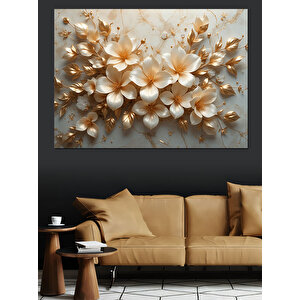 Beyaz Çiçeklerden Duvar Deseni Dekoratif Kanvas - Mdf Ahşap Tablo 100x140 cm