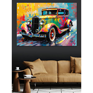 Renkli Çiçekli Klasik Araba Dekoratif Kanvas - Mdf Ahşap Tablo 35x50 cm