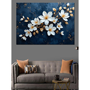 Lacivert Zeminde Beyaz Çiçekler Dekoratif Kanvas - Mdf Ahşap Tablo 70x100 cm