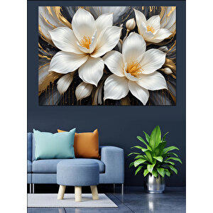 Beyaz Parlak Çiçekler Dekoratif Kanvas - Mdf Ahşap Tablo 70x100 cm