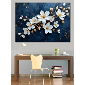 Lacivert Zeminde Beyaz Çiçekler Dekoratif Kanvas - Mdf Ahşap Tablo 25x35 cm