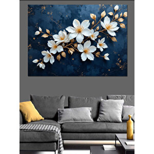 Lacivert Zeminde Beyaz Çiçekler Dekoratif Kanvas - Mdf Ahşap Tablo 25x35 cm