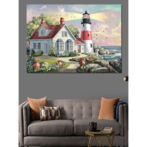 Çiçekli Bahçeli Deniz Feneri Dekoratif Kanvas - Mdf Ahşap Tablo 100x140 cm