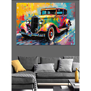 Renkli Çiçekli Klasik Araba Dekoratif Kanvas - Mdf Ahşap Tablo 25x35 cm