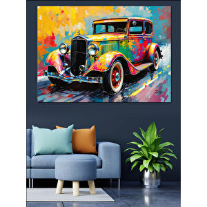 Renkli Çiçekli Klasik Araba Dekoratif Kanvas - Mdf Ahşap Tablo 100x140 cm