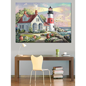 Çiçekli Bahçeli Deniz Feneri Dekoratif Kanvas - Mdf Ahşap Tablo 70x100 cm