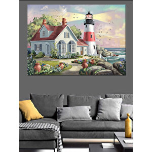 Çiçekli Bahçeli Deniz Feneri Dekoratif Kanvas - Mdf Ahşap Tablo 70x100 cm