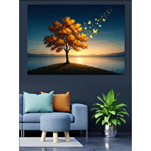 Kelebekli Ağaç Ay Işığı Dekoratif Kanvas - Mdf Ahşap Tablo 100x140 cm