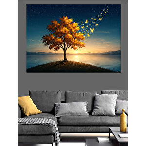 Kelebekli Ağaç Ay Işığı Dekoratif Kanvas - Mdf Ahşap Tablo 35x50 cm