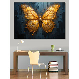 Altın Kanatlı Metal Kelebek Dekoratif Kanvas - Mdf Ahşap Tablo 35x50 cm