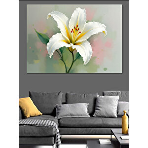 Beyaz Zambak Çiçeği Deseni Dekoratif Kanvas - Mdf Ahşap Tablo 70x100 cm