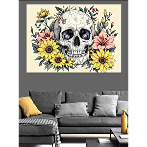 Çiçekli Kuru Kafa Deseni Dekoratif Kanvas - Mdf Ahşap Tablo 50x70 cm
