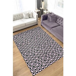 Puantiyeli Halı Geometrik Desenli Halı Pembe Siyah Oturma Odası Halısı Modern Salon Halısı 200x300 cm