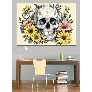 Çiçekli Kuru Kafa Deseni Dekoratif Kanvas - Mdf Ahşap Tablo 70x100 cm