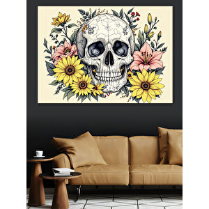 Çiçekli Kuru Kafa Deseni Dekoratif Kanvas - Mdf Ahşap Tablo 70x100 cm