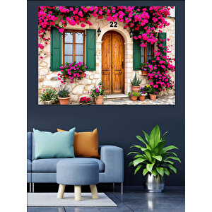 Pembe Çiçekli Taş Ev Dekoratif Kanvas - Mdf Ahşap Tablo 100x140 cm