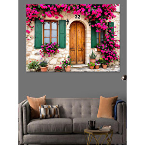 Pembe Çiçekli Taş Ev Dekoratif Kanvas - Mdf Ahşap Tablo 25x35 cm